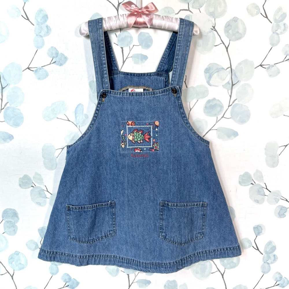 3 for $15 Desert Heat Kids Blue Denim Jumper Dress Overalls Embroidered Fish